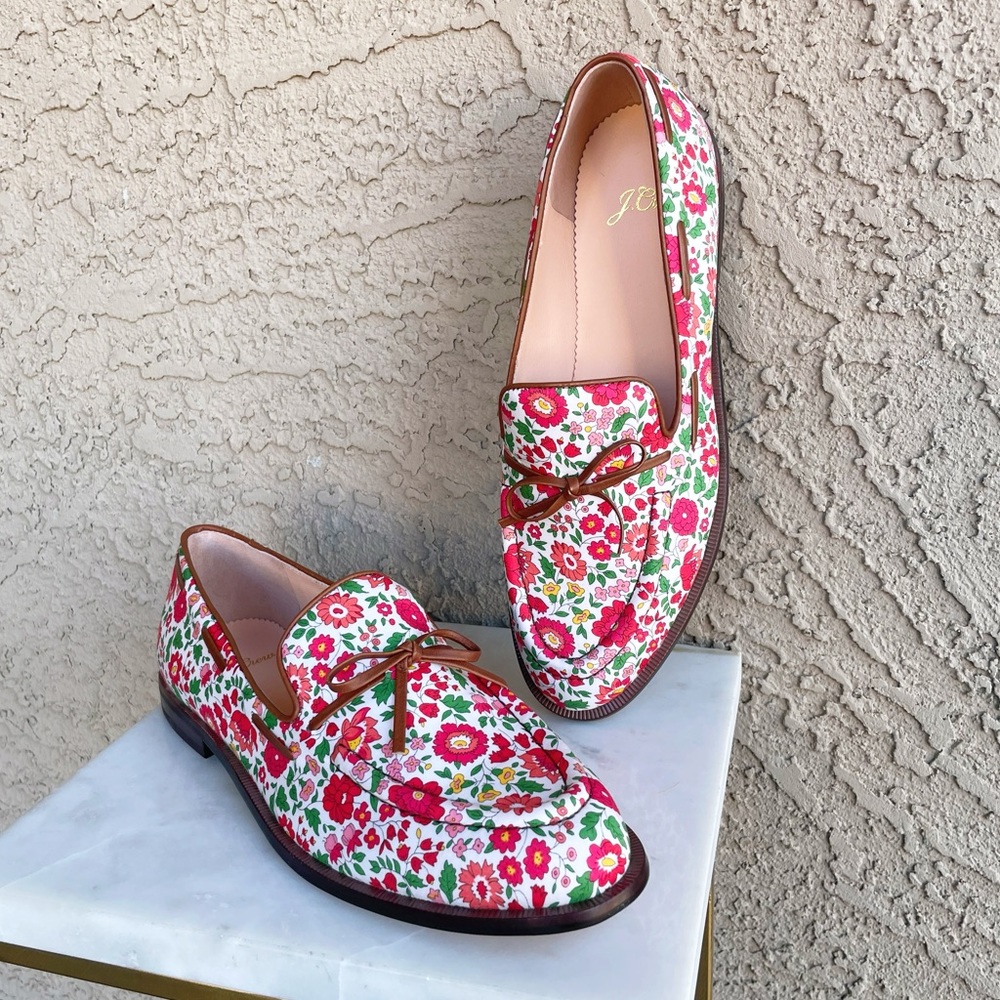 J. CREW NWT Red White & Pink Floral Printed Liberty w/ Leather Bow Loafers Flats